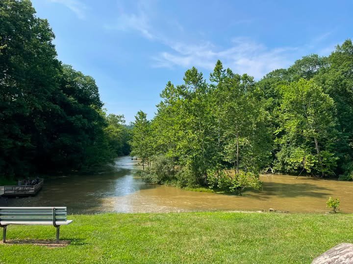 Crooked Creek Lake Plum Creek confluence with bench and summer tree corridor