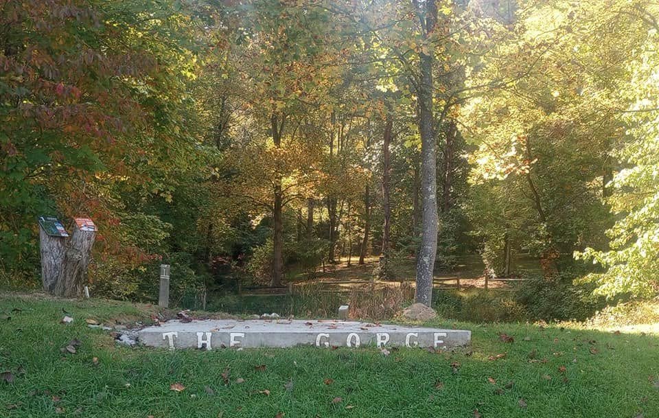 The Gorge at Anthony Run entrance with fall trees and pond in background